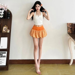 Plaid Drawstring Bubble Mini Skirt