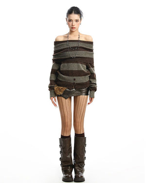 Black and Grey Off-Shoulder Knit Top