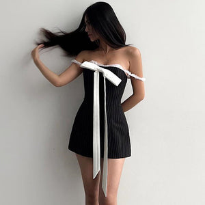 Bow Lace Striped Mini Dress