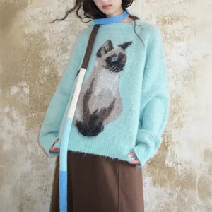 Fluffy Siamese Cat Print Jumper