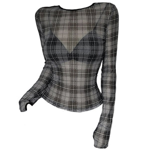 Grunge Plaid Mesh Long Sleeve Top