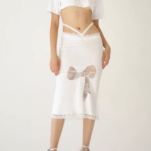 Satin Coquette Bow Lace Midi Skirt