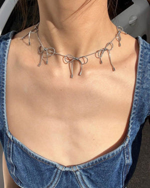 Coquette Aesthetic Silver Bows Choker