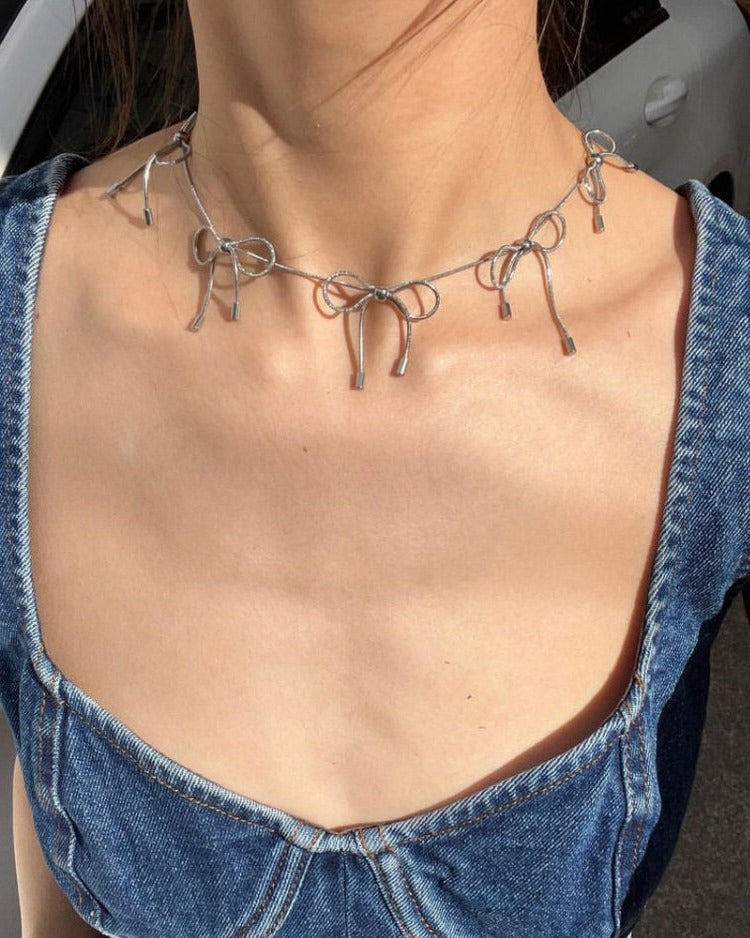 Coquette Aesthetic Silver Bows Choker