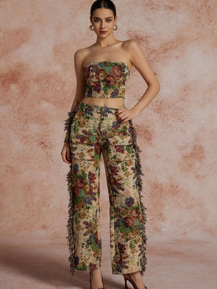 Floral Tapestry Bustier & Pants Two Piece Set
