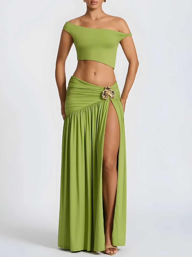 Off Shoulder Crop Top & Slit Maxi Dress Two Piece Set