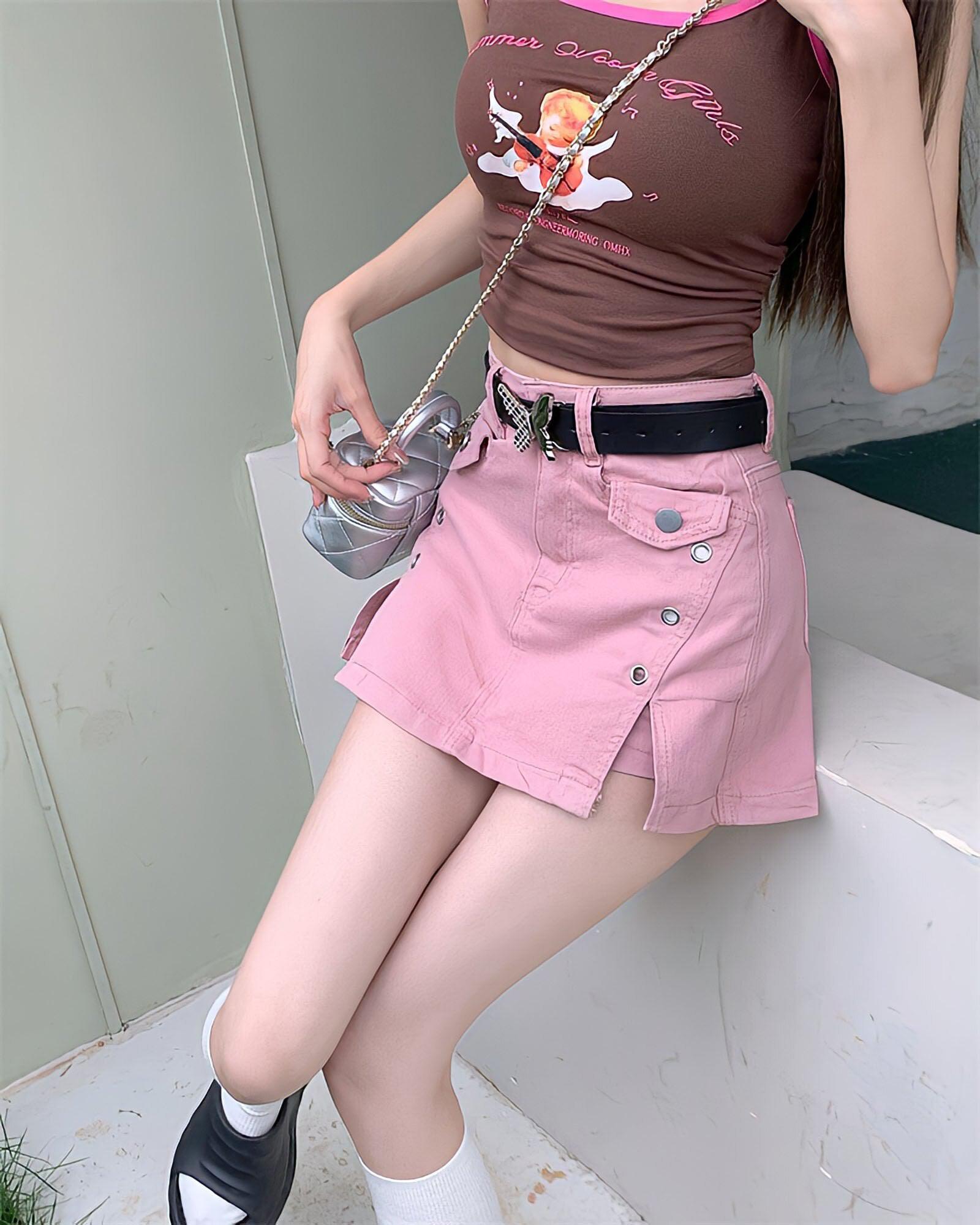 Pink Side Slit Denim Mini Skort