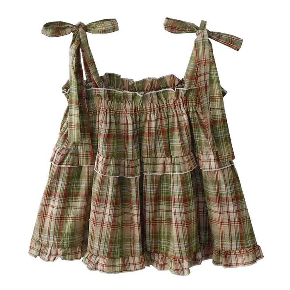 Grandma Aesthetic Plaid Bow-Tie Top
