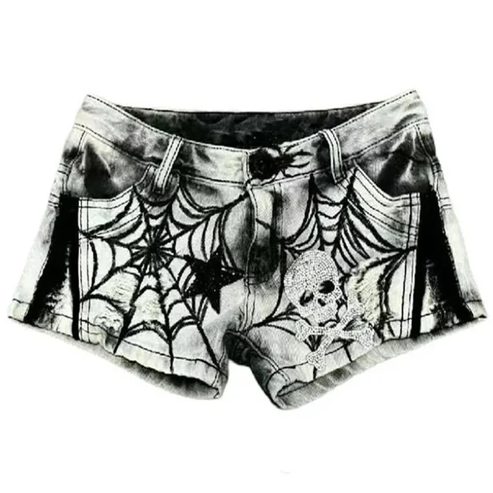 Grunge Spider Web Print Denim Shorts