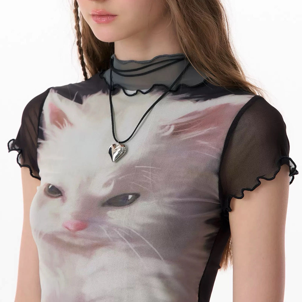 Moody Kitten Print Y2K Top