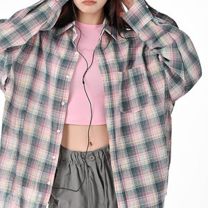 Pink and Green Plaid Button-Up Shirt