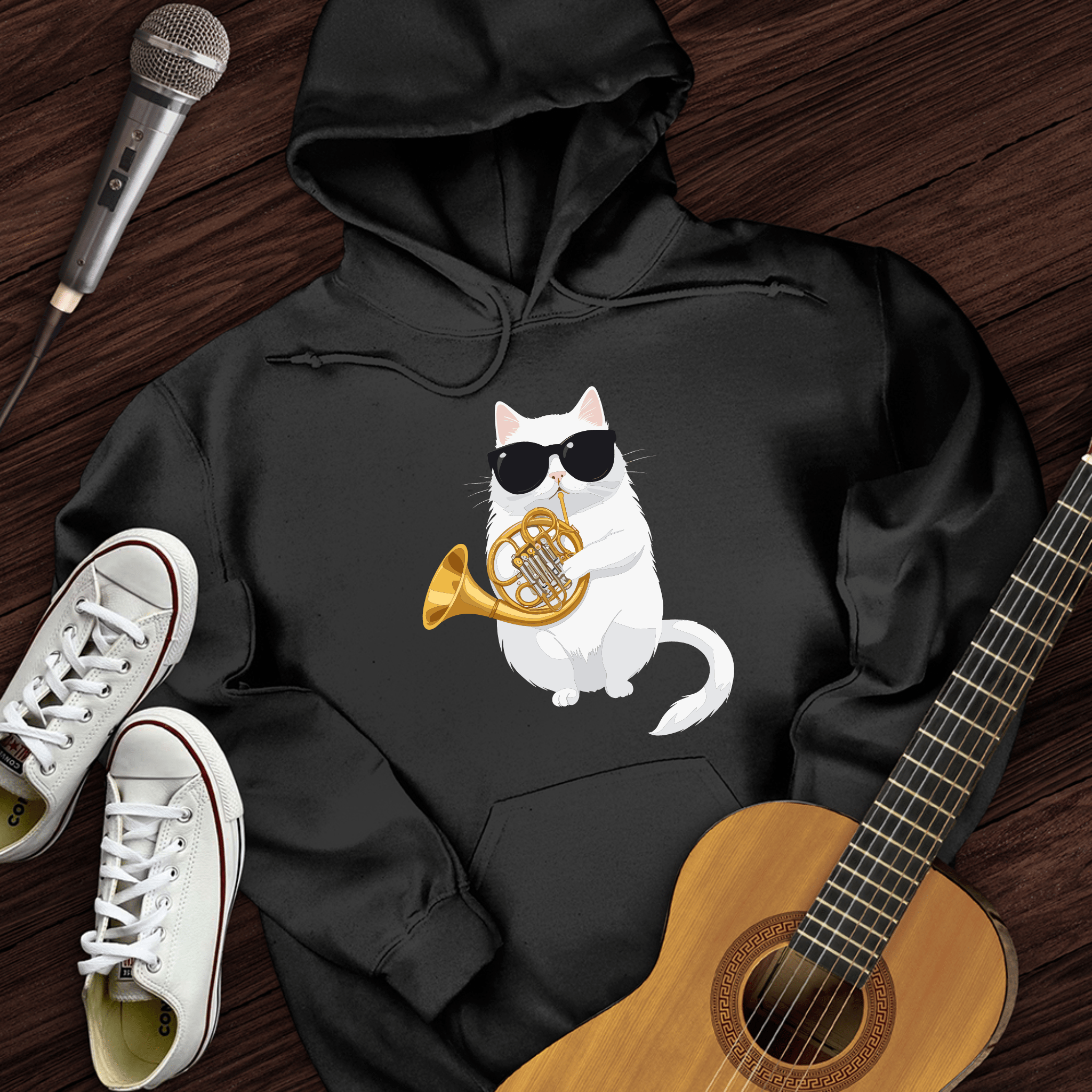 Cat Playing French Horn Hoodie