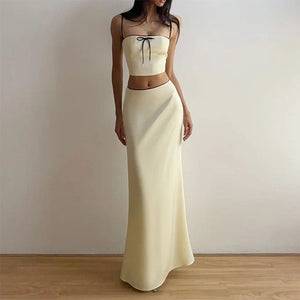 French Summer Satin Top & Maxi Skirt Set