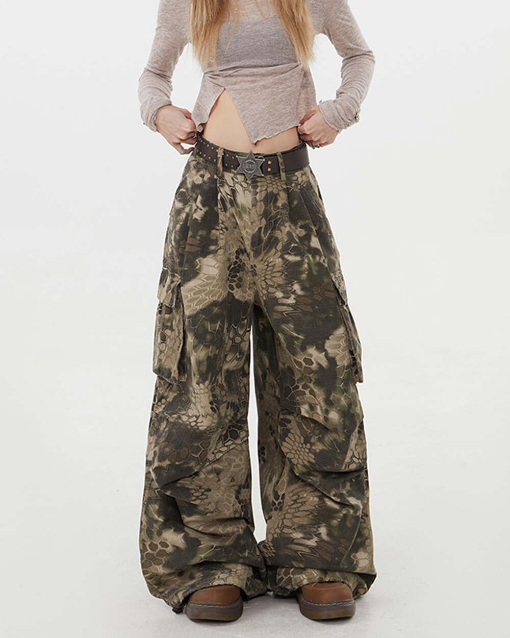Snake Print Wide Leg Cargo Pants