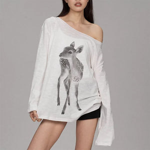 Y2K Deer Print One-Shoulder Top